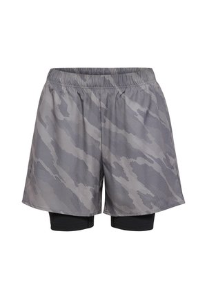 Grijze en zwarte herensportshorts met elastische tailleband en een binnenste compressielaag, met een subtiel abstract camouflagemotief.