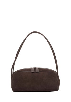Ciemnobrązowa prostokątna torba na ramię z podwójnym zamkiem błyskawicznym i cienkim paskiem, wykonana z materiału przypominającego zamsz.
