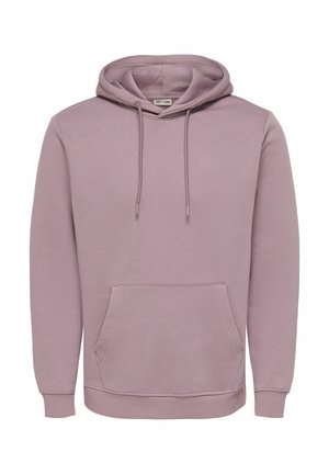 Fliederfarbener Pullover mit Kapuze, vorderer Kängurutasche, Kordelzug an der Kapuze sowie gerippten Bündchen und Saum, mit der Marke ONLY & SONS auf der Innenseite des Kragens.