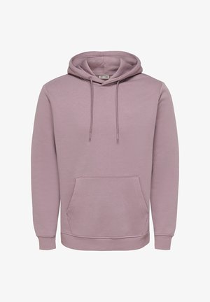 Fliederfarbener Pullover mit Kapuze, vorderer Kängurutasche, Kordelzug an der Kapuze sowie gerippten Bündchen und Saum, mit der Marke ONLY & SONS auf der Innenseite des Kragens.
