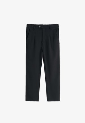 Pantalon noir au design ajusté, avec une fermeture à bouton, deux poches avant et des plis à l'avant pour plus de structure.