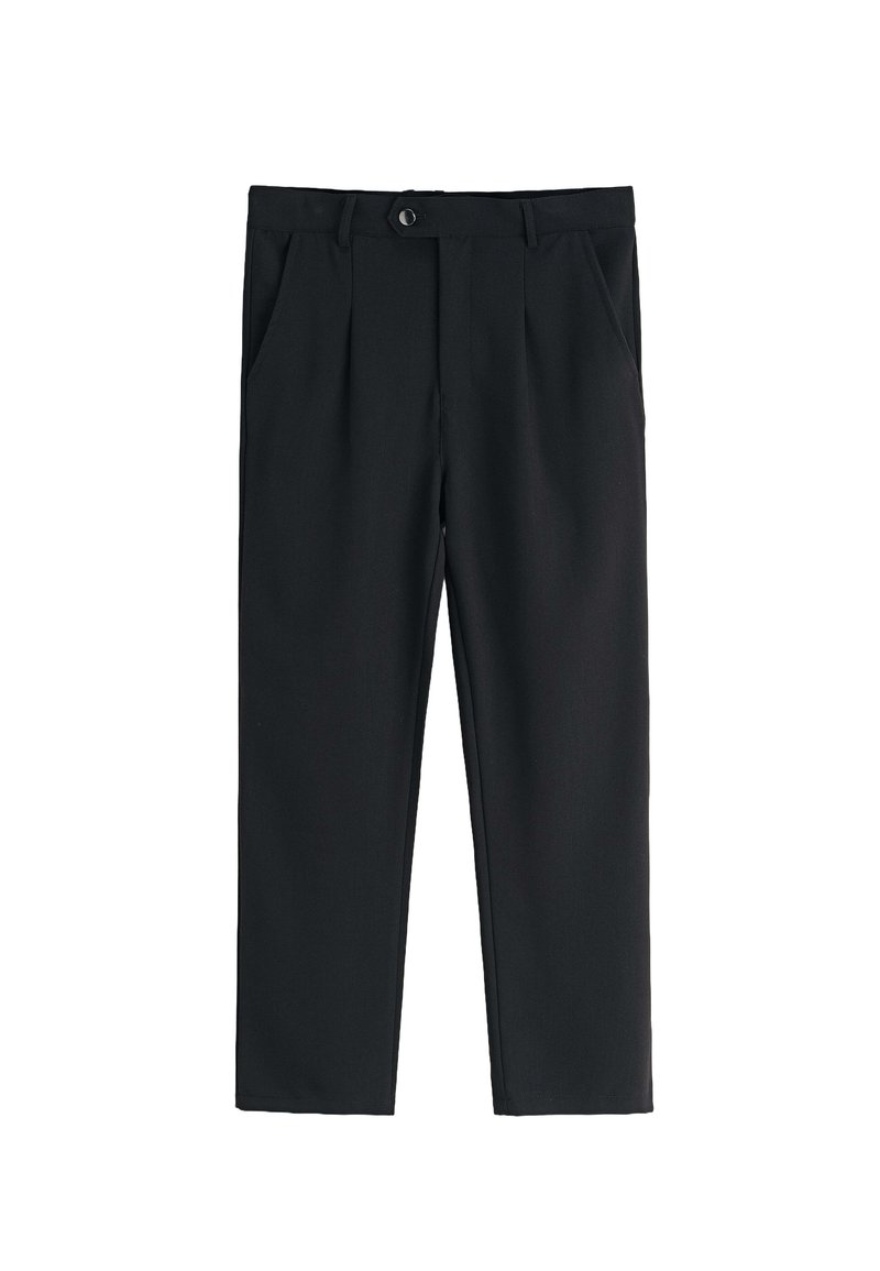 Pantalon noir au design ajusté, avec une fermeture à bouton, deux poches avant et des plis à l'avant pour plus de structure.