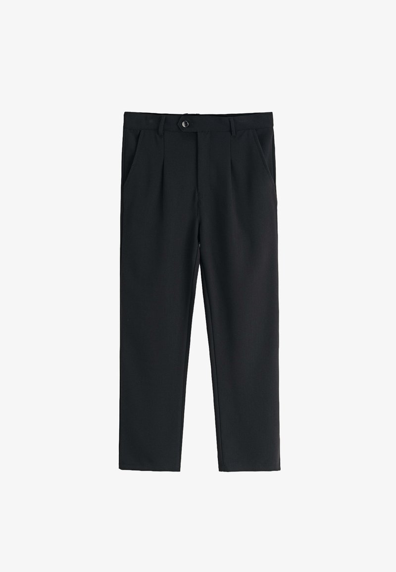 Pantalon noir au design ajusté, avec une fermeture à bouton, deux poches avant et des plis à l'avant pour plus de structure.