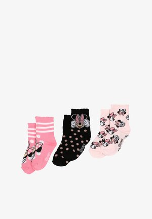 Three pairs of children's socks featuring Minnie Mouse designs in pink, black, and white with stripes, polka dots, and bows.