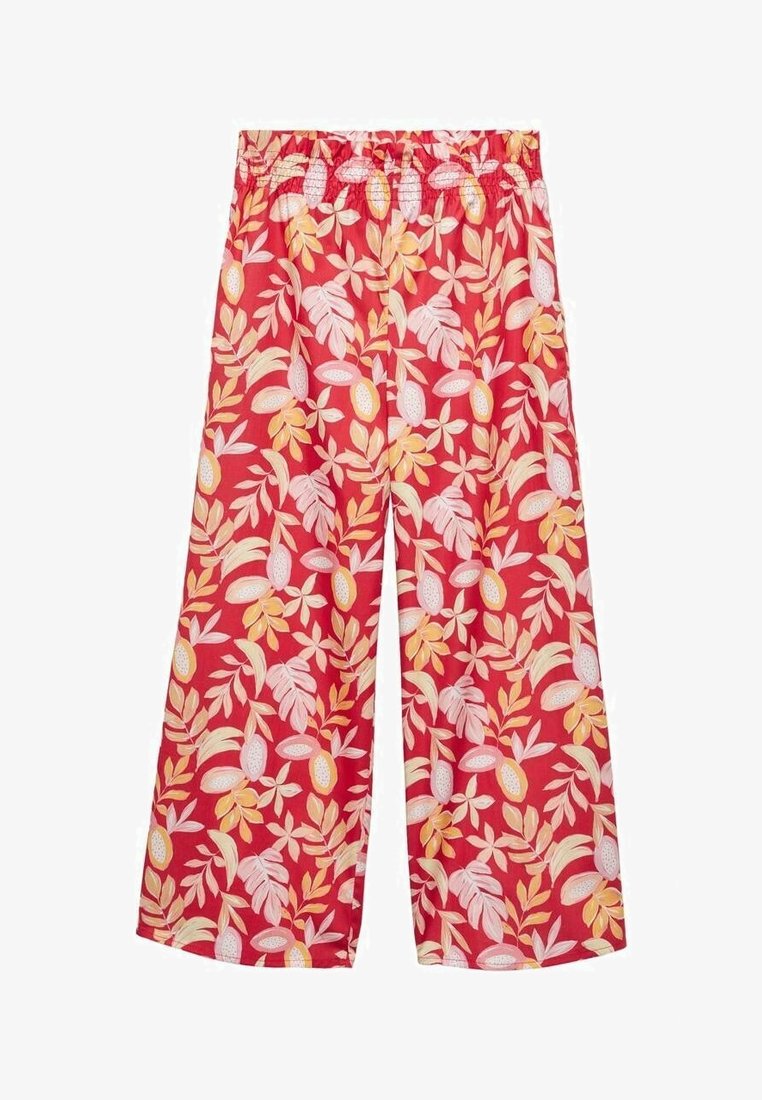 Pantalon en tissu rouge à coupe lâche, avec un motif répété de fleurs et de feuilles en rose, orange et jaune. Taille élastique.