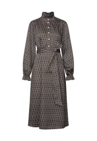 Robe midi à manches longues, noire et blanche à motifs, avec col montant volanté, boutonnière à l’avant, ceinture à la taille et poignets volantés.