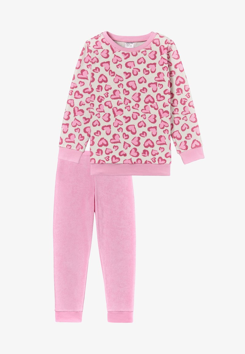 Pink fleece pajama set featuring a long-sleeve top with heart pattern and solid pink pants. Soft texture, crew neck, and cuffed sleeves/pants.