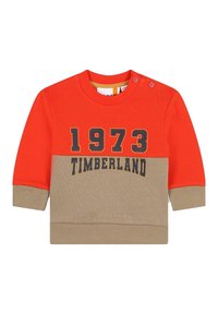 Maglione rosso e beige con maniche lunghe, scollo rotondo e dettagli con bottoni sulla spalla. Presenta la scritta "1973 TIMBERLAND" in lettere scure.