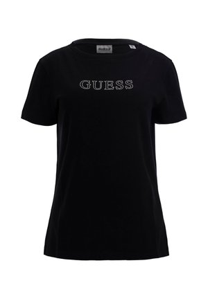 T-shirt in cotone nero con scollo rotondo e maniche corte. Presenta la parola "GUESS" in strass sul petto.