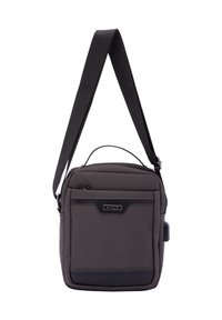 Borsa a messaggero grigia realizzata in tessuto resistente, con tasca frontale, tracolla regolabile e maniglia superiore. Dettagli neri lungo la base.