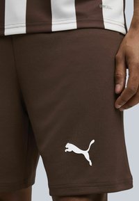 Brune sportshorts med tekstureret stof, elastisk talje og et hvidt Puma-logo på den nederste venstre ben.