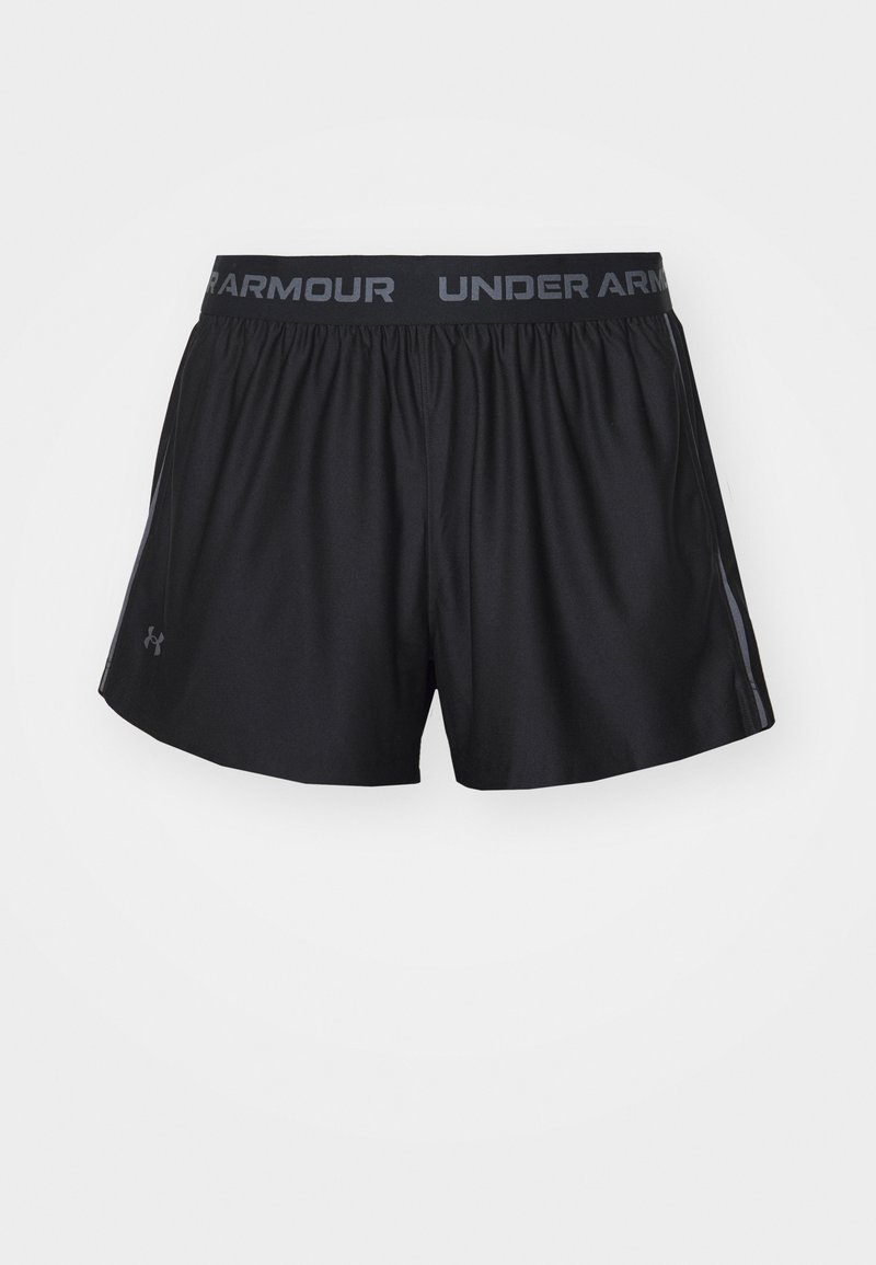 Pantaloni sportivi neri realizzati in tessuto leggero. Presentano un elastico in vita con la scritta "UNDER ARMOUR" e dettagli laterali in grigio.