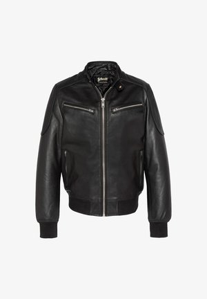 Sort læderjakke med ribstrikkede manchetter og talje, lynlås foran og lommer, glat tekstur og skulderdetaljer. Brandlogo indeni.