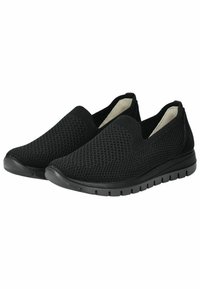Scarpe slip-on nere con tomaia in rete, morbido rivestimento in tessuto, suola imbottita e dettagli testurizzati sulla superficie e sulla suola esterna.