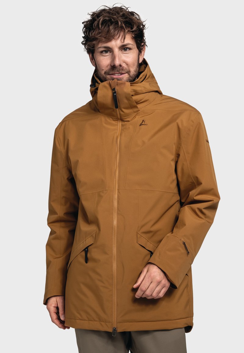 Brown waterproof jacket with a high collar, front zip, adjustable cuffs, and dual zippered pockets. Smooth, matte texture.