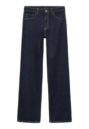 Donker gewassen denim jeans met een ontspannen pasvorm. Heeft een hoge taille, vijf zakken en contrasterende stiksels. Rechtermode ontwerp, geen versieringen.