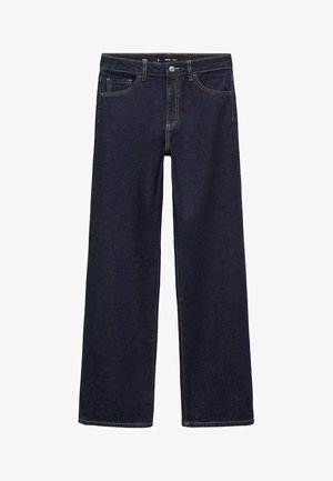 Dunkel gewaschene Jeans mit einer lockeren Passform. Mit hohem Bund, fünf Taschen und kontrastierenden Nähten. Gerades Bein-Design, ohne Verzierungen.