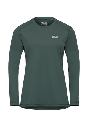 Chemise d'extérieur pour femmes à manches longues, de couleur vert foncé, col rond, logo Jack Wolfskin sur la poitrine et à l'intérieur du col, design uni.