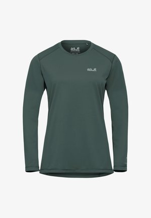 Chemise d'extérieur pour femmes à manches longues, de couleur vert foncé, col rond, logo Jack Wolfskin sur la poitrine et à l'intérieur du col, design uni.