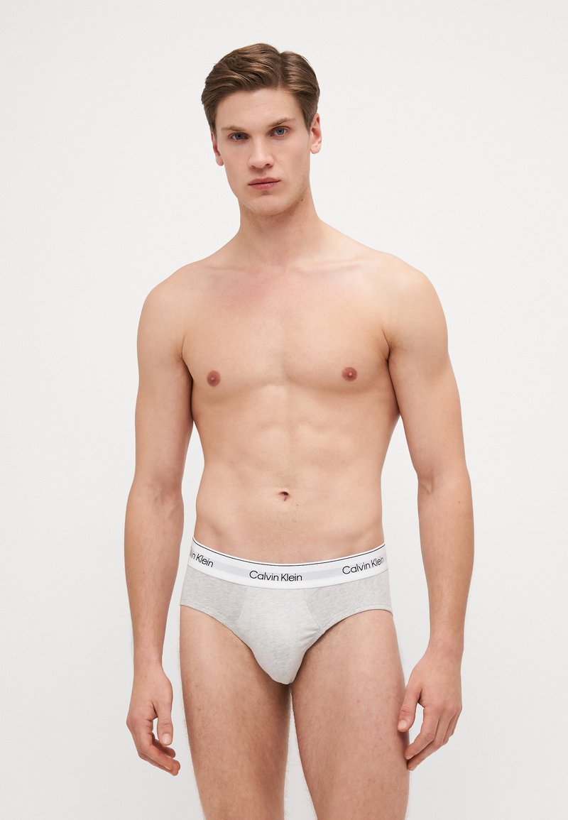 Slip in cotone grigio con elastico bianco recante il logo "Calvin Klein". Design semplice, forma aderente e tessuto di media consistenza.