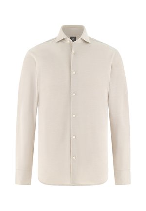 Chemise beige à manches longues avec col pointu et boutons sur le devant, présentée sur un fond blanc.