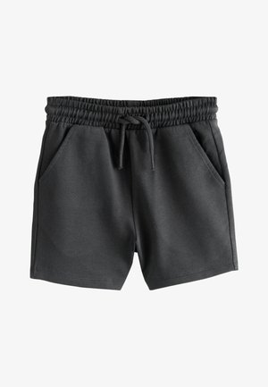 Sötétszürke pamut rövidnadrág elasztikus derékpánttal, állítható húzózsinórral és oldalzsebekkel, fehér háttéren laposan elhelyezve.