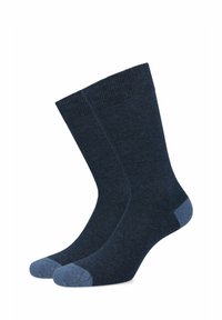 Granatowe skarpetki z prążkowanym ściągaczem oraz jasnoniebieskimi akcentami na palcach i piętach; wykonane z miękkiego, elastycznego materiału dla wygody.