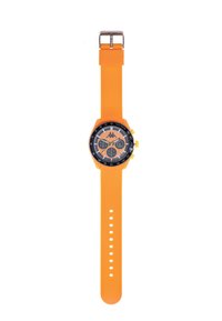 Reloj con correa de silicona naranja, bisel negro, dial en capas y tres subdiales. Presenta acentos amarillos, correa texturizada y hebilla de metal.