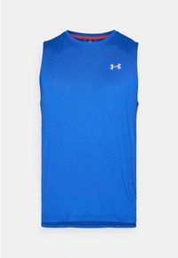 Světlomodré bezrukávové sportovní tričko s kulatým výstřihem a malým bílým logem Under Armour na pravé části hrudi.