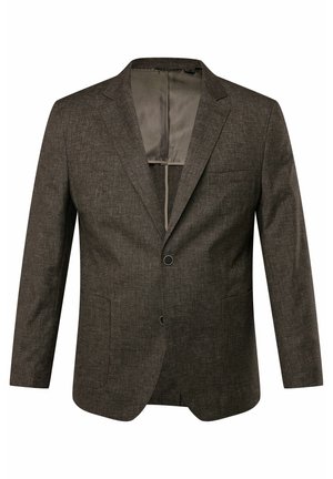 Blazer marrón con textura, dos botones, solapas de muesca y dos bolsillos frontales. El interior tiene un forro suave en un tono más claro.