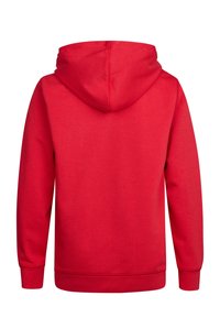 Felpa rossa con finitura in cotone testurizzato, dotata di un grande cappuccio, maniche lunghe e orlo dritto. Nessun elemento di design visibile sul davanti.