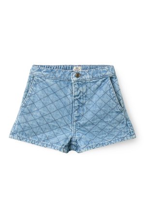 Pantaloncini di jeans trapuntati azzurri chiaro con tasche laterali, bottone frontale e cintura elastica sul retro.