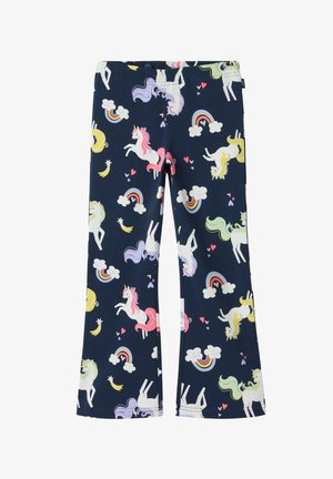 Leggings bleu marine avec un motif de licorne et arcs-en-ciel en rose vif, jaune, vert et blanc. Confectionnés dans un tissu doux et extensible.
