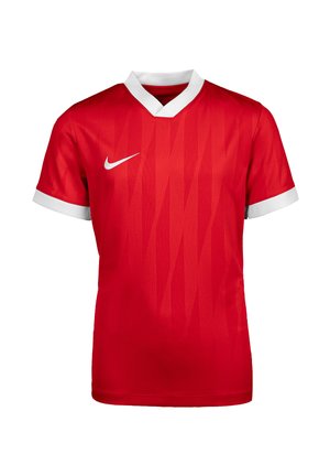 Rød sportstrøje med korte ærmer, hvid krave og ærmekanter, med subtile geometriske mønstre og hvid Nike-logo på brystet.