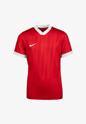 Czerwona sportowa koszulka z krótkim rękawem, białym kołnierzem i mankietami, z subtelnymi geometrycznymi wzorami i białym logo Nike na piersi.
