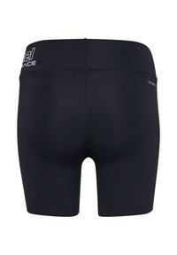 Zwarte atletische compressieshorts met een hoge tailleband, flatlocknaden en kleine witte logotekst op tailleband en dij.
