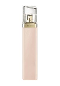 Flacon de parfum Hugo Boss, en verre rose pâle rectangulaire avec des accents dorés brillants, surmonté d'un bouchon transparent facetté et d'un vaporisateur.