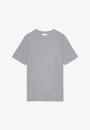 Grijze katoenen t-shirt, korte mouwen, ronde hals, zachte textuur, eenvoudige uitstraling, geen zichtbare patronen of accenten, rechte snit aan de onderkant.