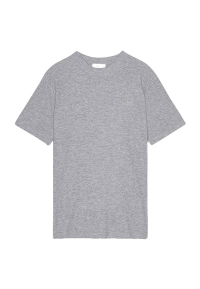Grå bomulds t-shirt, korte ærmer, rund hals, blød tekstur, enkel design, ingen synlige mønstre eller accenter, lige skæring i kanten.