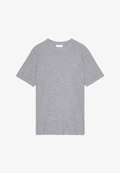 Grå bomulds t-shirt, korte ærmer, rund hals, blød tekstur, enkel design, ingen synlige mønstre eller accenter, lige skæring i kanten.