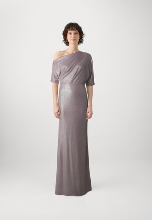Shiny, floor-length dress in light purple with an off-the-shoulder design, softly draped fabric, and a form-fitting silhouette.