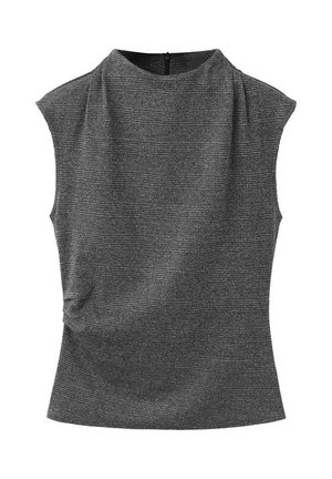 Top gris sans manches pour femme avec col haut, motif à carreaux subtil, taille cintrée et fermeture éclair au dos, présenté à plat sur fond blanc.