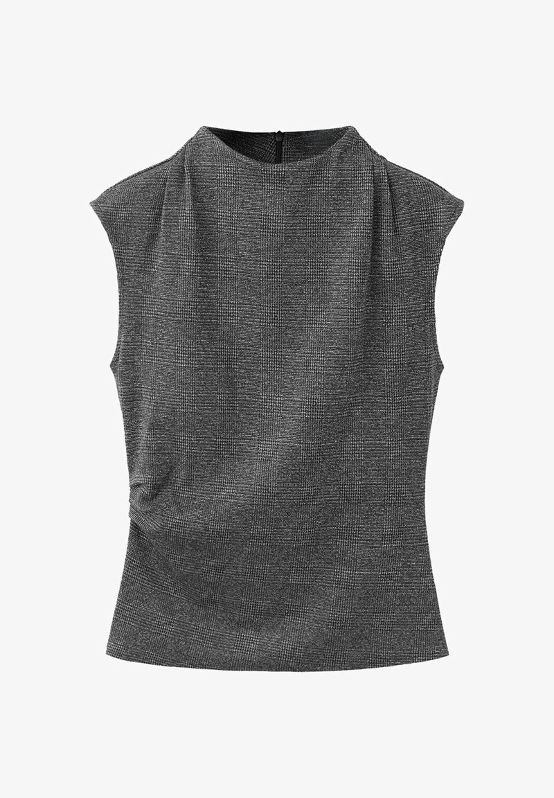 Top gris sans manches pour femme avec col haut, motif à carreaux subtil, taille cintrée et fermeture éclair au dos, présenté à plat sur fond blanc.