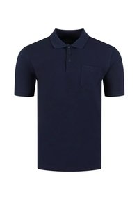 Granatowa koszulka polo z teksturowanej tkaniny, z kołnierzykiem, trzema guzikami oraz kieszonką na lewej piersi.