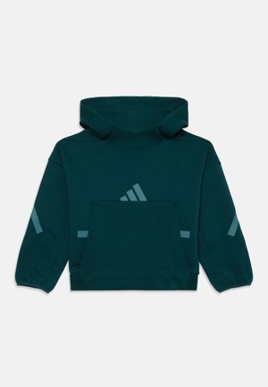 Green hoodie with a front pocket, featuring a large hood, elastic cuffs, and subtle reflective accents on the sleeves and body.
