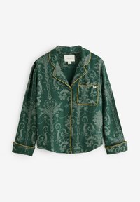 Zelená pyžamová košeľa s vzorom z hladkej látky, s detailnými kvetinovými vzormi, náprsné vrecko a zlaté lemovanie okolo goliera a manžiet.