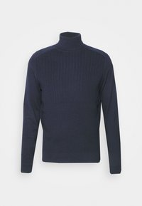 Marinblå polotröja i ribbstickad kvalitet. Har långa ärmar, en tight passform i halsen och en sömlös design.