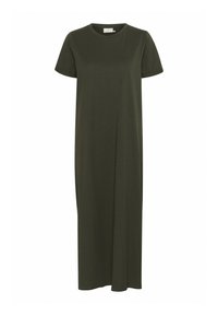 Oliivivihreä, polveen ulottuva t-paitamekko, joka on valmistettu pehmeästä puuvillasta. Ominaisuuksiin kuuluu lyhyet hihat, pyöreä kaula-aukko ja väljähkö, rento siluetti.