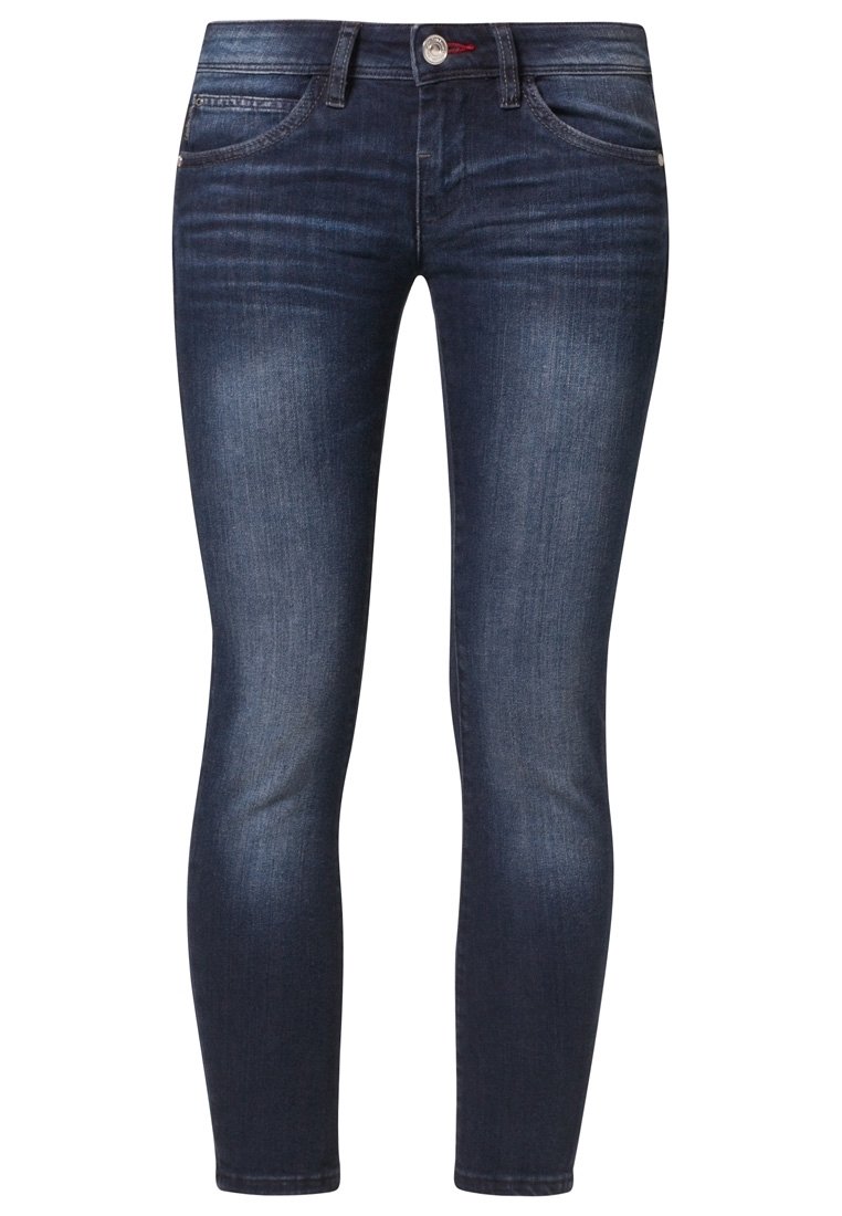 Tmavě modré skinny džíny s mírným vyblednutím na stehnech a kolenou, pět kapsový styl, zapínání na knoflík a zip, přední pohled.