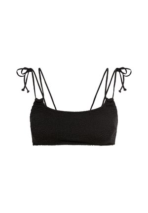 Black bikini top with a textured knit design and adjustable tie straps. Rounded neckline for a simple and functional fit.